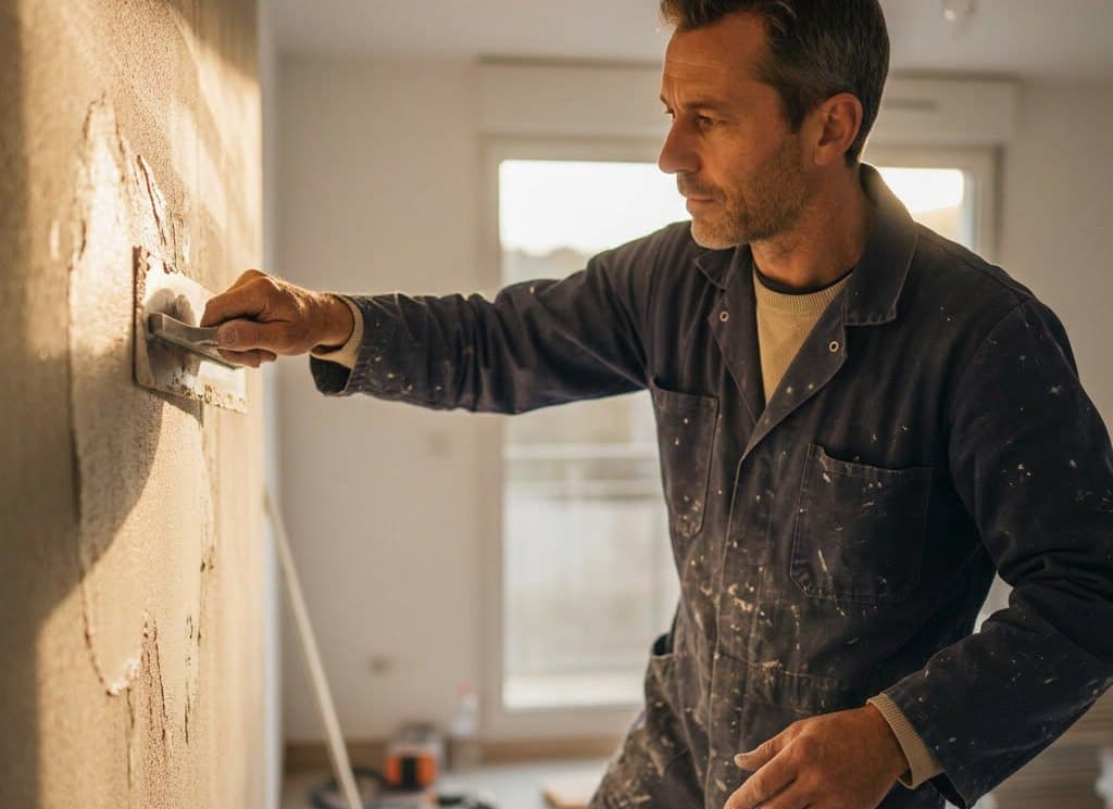 Artisan vérifiant la planéité d'un mur enduit sur un chantier de rénovation, en fin de journée