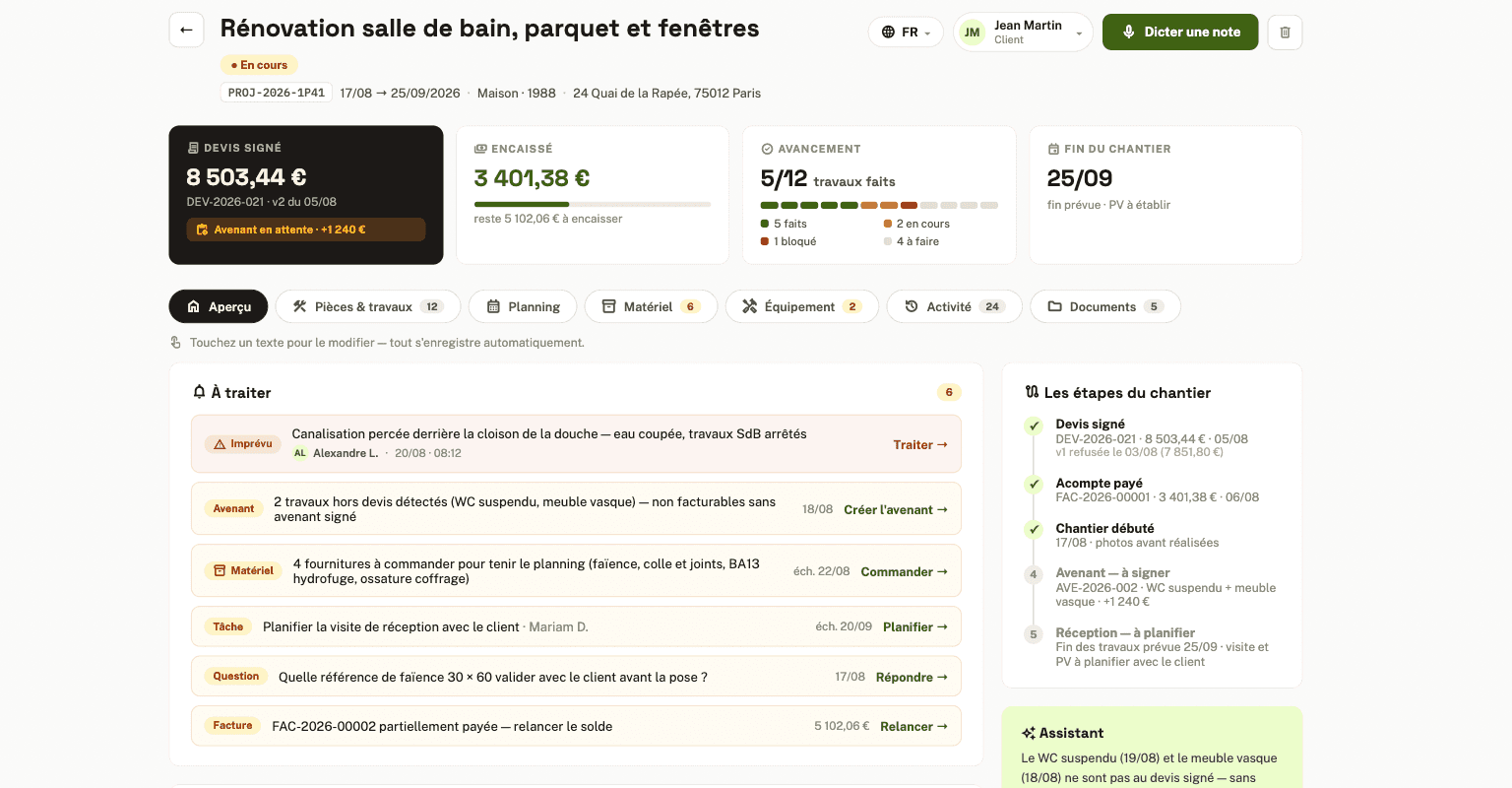 Vue détaillée d'un chantier dans Artisia : devis, encaissé, avancement, alertes et étapes