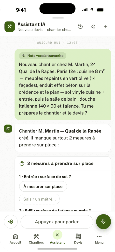 Fil de discussion Artisia : chantier salle de bains de M. Martin, dicté depuis le terrain